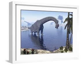 Brachiosaurus Dinosaur Walking in Water by Morning Light-null-Framed Art Print