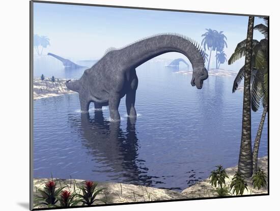 Brachiosaurus Dinosaur Walking in Water by Morning Light-null-Mounted Art Print