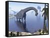 Brachiosaurus Dinosaur Walking in Water by Morning Light-null-Framed Stretched Canvas