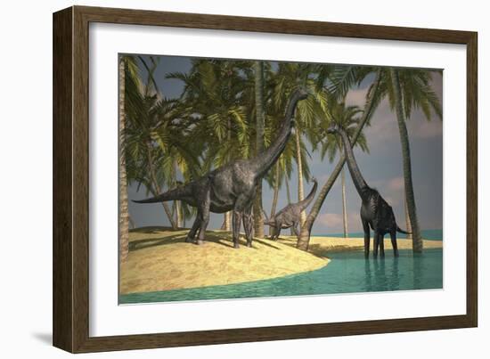 Brachiosaurus Dinosaurs Grazing at the Water's Edge-null-Framed Art Print