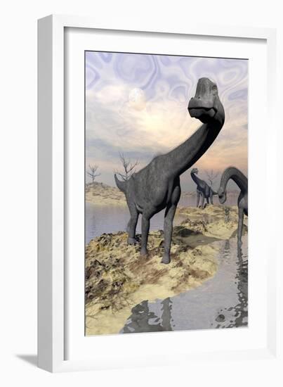 Brachiosaurus Dinosaurs Near Water with Reflection by Sunset and Full Moon-null-Framed Art Print