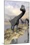 Brachiosaurus Dinosaurs Near Water with Reflection by Sunset and Full Moon-null-Mounted Art Print