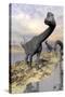 Brachiosaurus Dinosaurs Near Water with Reflection by Sunset and Full Moon-null-Stretched Canvas