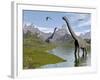 Brachiosaurus Dinosaurs Walking in a Stream on a Beautiful Day-null-Framed Art Print