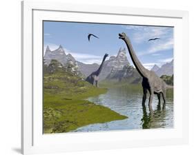 Brachiosaurus Dinosaurs Walking in a Stream on a Beautiful Day-null-Framed Art Print