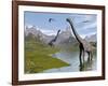 Brachiosaurus Dinosaurs Walking in a Stream on a Beautiful Day-null-Framed Art Print