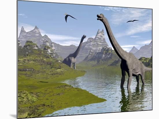 Brachiosaurus Dinosaurs Walking in a Stream on a Beautiful Day-null-Mounted Art Print