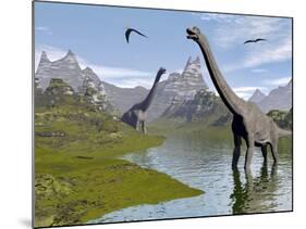 Brachiosaurus Dinosaurs Walking in a Stream on a Beautiful Day-null-Mounted Art Print