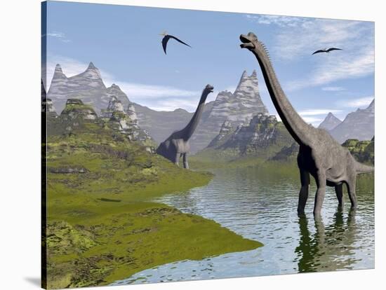 Brachiosaurus Dinosaurs Walking in a Stream on a Beautiful Day-null-Stretched Canvas