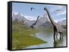 Brachiosaurus Dinosaurs Walking in a Stream on a Beautiful Day-null-Framed Stretched Canvas