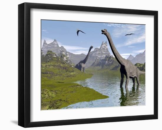 Brachiosaurus Dinosaurs Walking in a Stream on a Beautiful Day-null-Framed Art Print