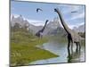 Brachiosaurus Dinosaurs Walking in a Stream on a Beautiful Day-null-Mounted Art Print