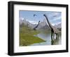 Brachiosaurus Dinosaurs Walking in a Stream on a Beautiful Day-null-Framed Art Print