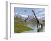 Brachiosaurus Dinosaurs Walking in a Stream on a Beautiful Day-null-Framed Art Print