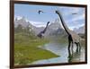 Brachiosaurus Dinosaurs Walking in a Stream on a Beautiful Day-null-Framed Art Print