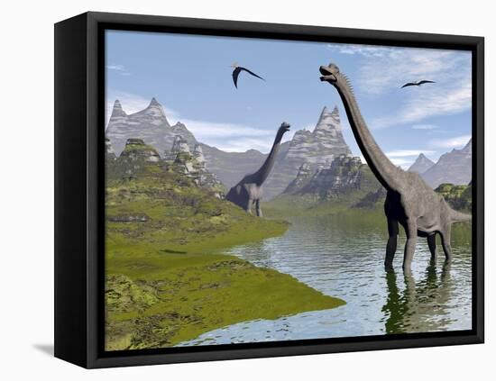 Brachiosaurus Dinosaurs Walking in a Stream on a Beautiful Day-null-Framed Stretched Canvas