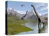 Brachiosaurus Dinosaurs Walking in a Stream on a Beautiful Day-null-Stretched Canvas