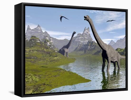 Brachiosaurus Dinosaurs Walking in a Stream on a Beautiful Day-null-Framed Stretched Canvas