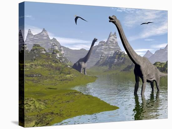 Brachiosaurus Dinosaurs Walking in a Stream on a Beautiful Day-null-Stretched Canvas