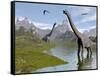 Brachiosaurus Dinosaurs Walking in a Stream on a Beautiful Day-null-Framed Stretched Canvas