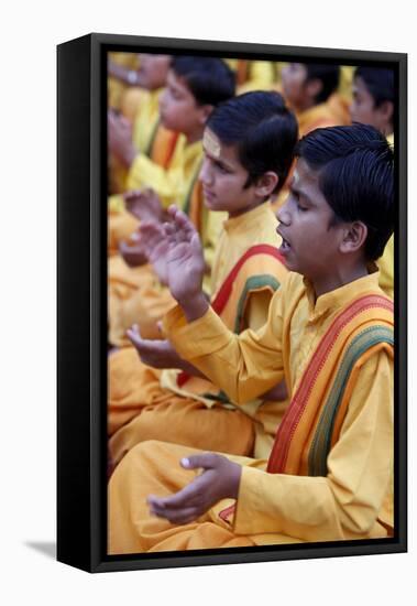 Brahmachari singing in Parmath, Rishikesh, Uttarakhand, India-Godong-Framed Stretched Canvas