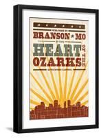 Branson, Missouri - Skyline and Sunburst Screenprint Style-Lantern Press-Framed Art Print