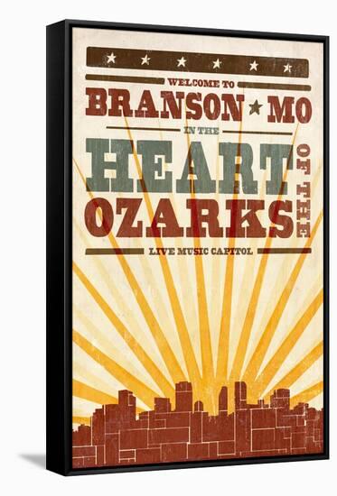 Branson, Missouri - Skyline and Sunburst Screenprint Style-Lantern Press-Framed Stretched Canvas
