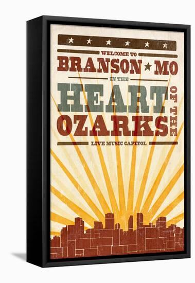 Branson, Missouri - Skyline and Sunburst Screenprint Style-Lantern Press-Framed Stretched Canvas
