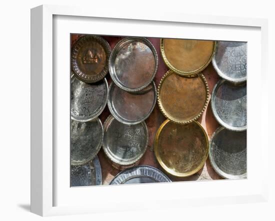 Brass Plates for Sale in the Souk, Marrakech (Marrakesh), Morocco, North Africa-Nico Tondini-Framed Premium Photographic Print