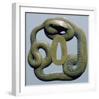 Brass Tsuba, Engraved, Pierced and Damascened, Depicting Snake Coiled around Itself, Japan-null-Framed Giclee Print