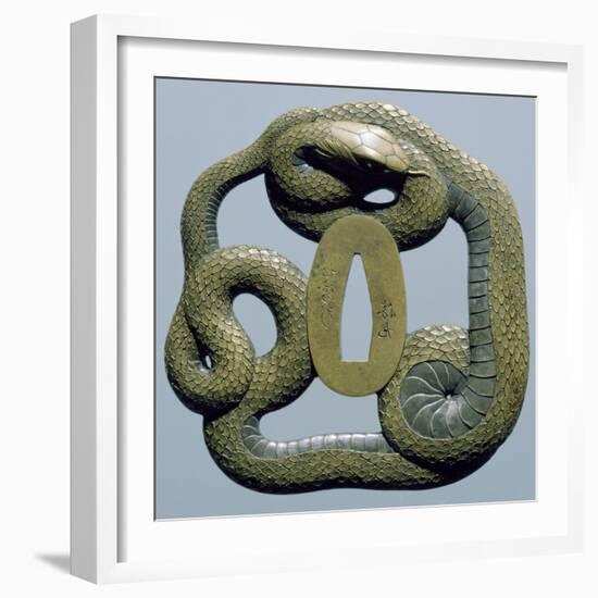 Brass Tsuba, Engraved, Pierced and Damascened, Depicting Snake Coiled around Itself, Japan-null-Framed Giclee Print