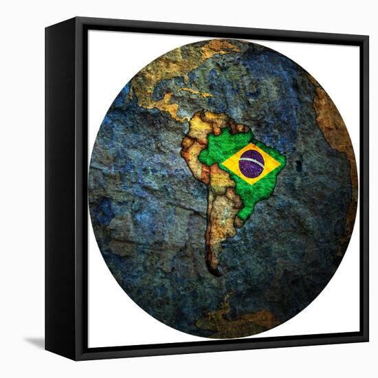 Brazil Flag On Globe Map-michal812-Framed Stretched Canvas