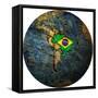 Brazil Flag On Globe Map-michal812-Framed Stretched Canvas