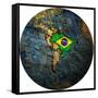 Brazil Flag On Globe Map-michal812-Framed Stretched Canvas