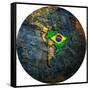 Brazil Flag On Globe Map-michal812-Framed Stretched Canvas