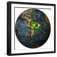 Brazil Flag On Globe Map-michal812-Framed Premium Giclee Print