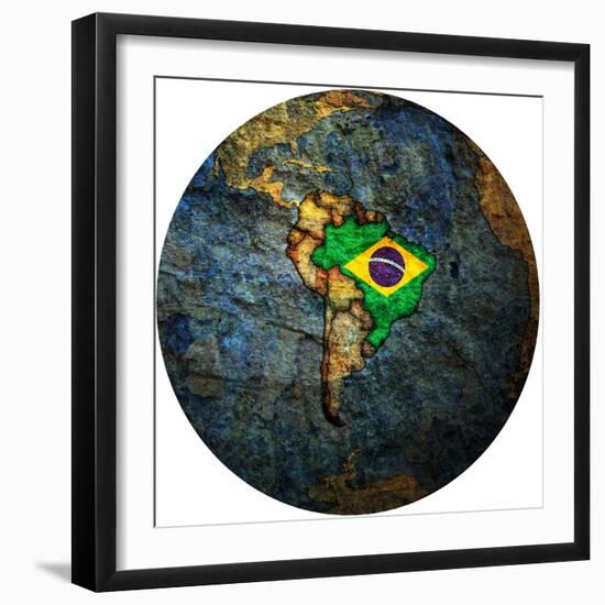 Brazil Flag On Globe Map-michal812-Framed Premium Giclee Print