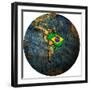 Brazil Flag On Globe Map-michal812-Framed Premium Giclee Print