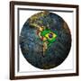 Brazil Flag On Globe Map-michal812-Framed Premium Giclee Print