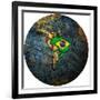 Brazil Flag On Globe Map-michal812-Framed Premium Giclee Print