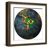 Brazil Flag On Globe Map-michal812-Framed Art Print