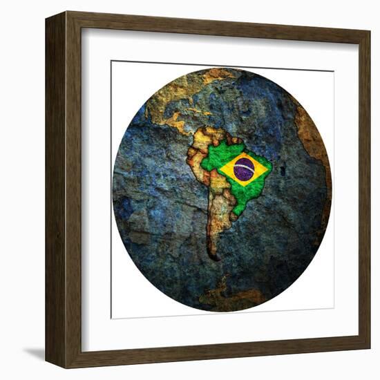 Brazil Flag On Globe Map-michal812-Framed Art Print