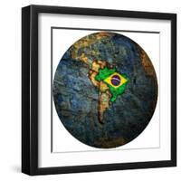 Brazil Flag On Globe Map-michal812-Framed Art Print