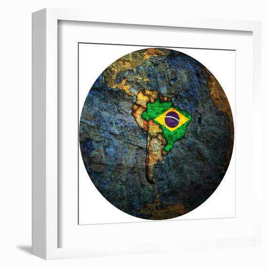 Brazil Flag On Globe Map-michal812-Framed Art Print