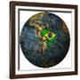 Brazil Flag On Globe Map-michal812-Framed Art Print