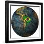 Brazil Flag On Globe Map-michal812-Framed Art Print