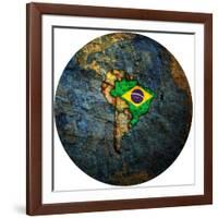 Brazil Flag On Globe Map-michal812-Framed Art Print