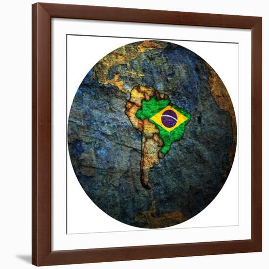 Brazil Flag On Globe Map-michal812-Framed Art Print