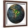 Brazil Flag On Globe Map-michal812-Framed Art Print