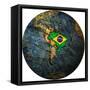 Brazil Flag On Globe Map-michal812-Framed Stretched Canvas